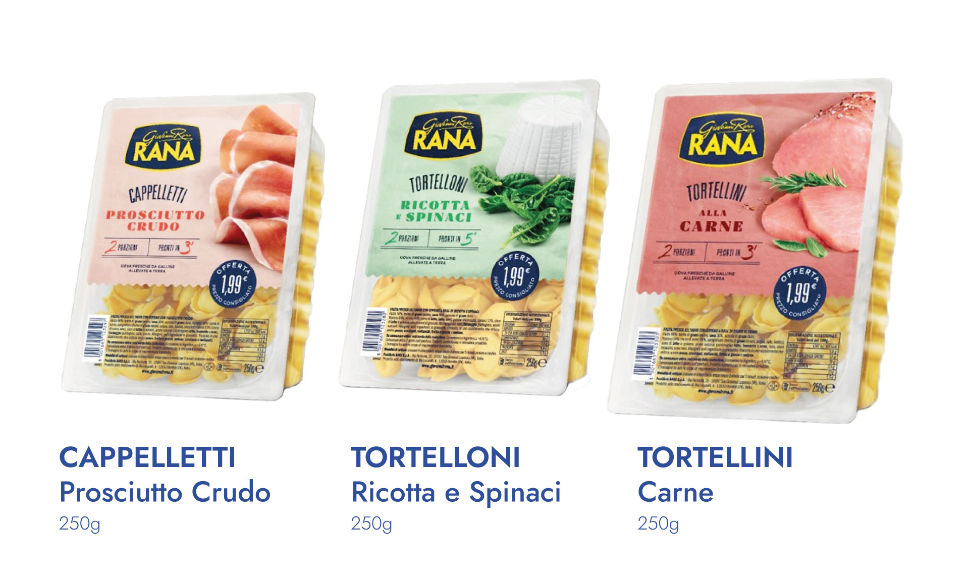 Cappelletti prosciutto crudo, Tortelloni ricotta e spinaci, Tortellini alla carne Giovanni Rana