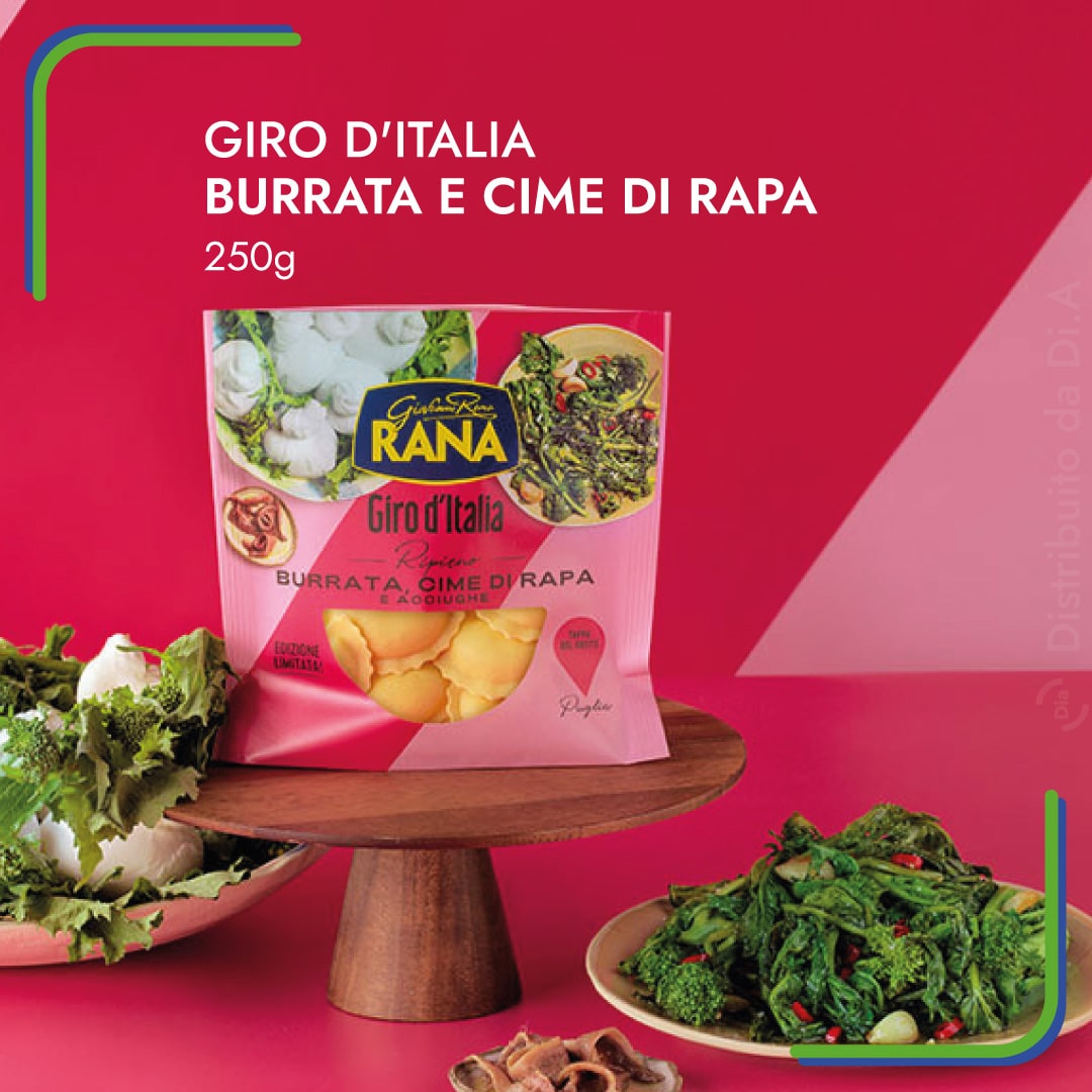 Tortellini Giro d'Italia di Giovanni Rana con Burrata, Cime di Rapa e Acciughe. Solo su Dialivery di Dia Srl