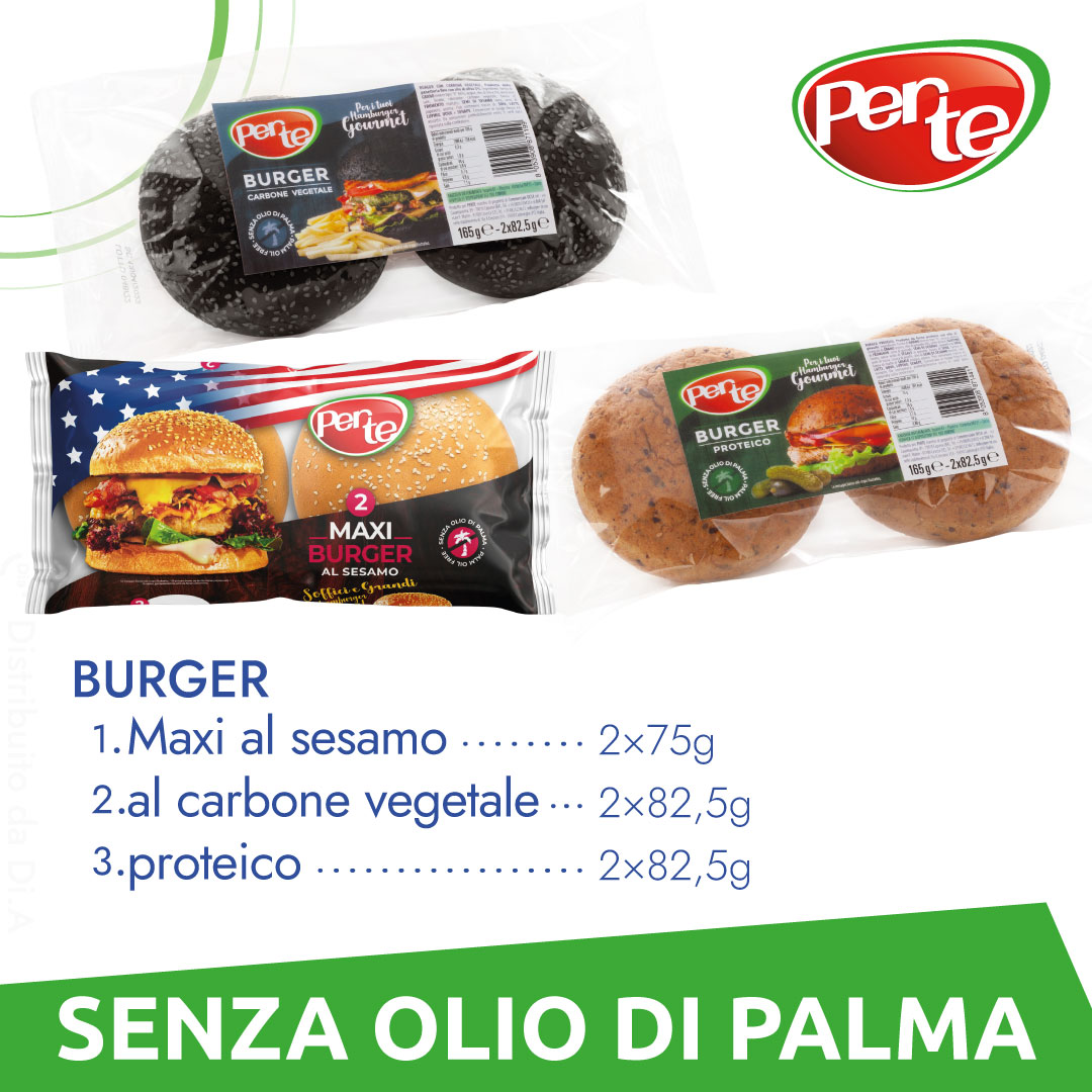 Burger tradizionali con semi di sesamo oppure speciali al carbone vegetale e proteici. Marchio Per Te distribuito da Dia Srl