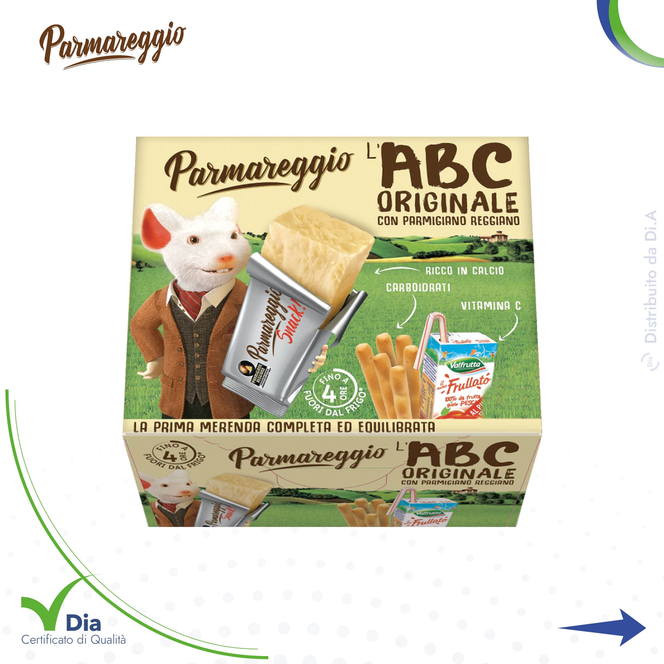 L'ABC Originale: La scelta perfetta per una merenda classica e gustosa. Include un delizioso Parmareggio Snack, grissini croccanti e un succoso frullato al 100% gusto frutta pesca