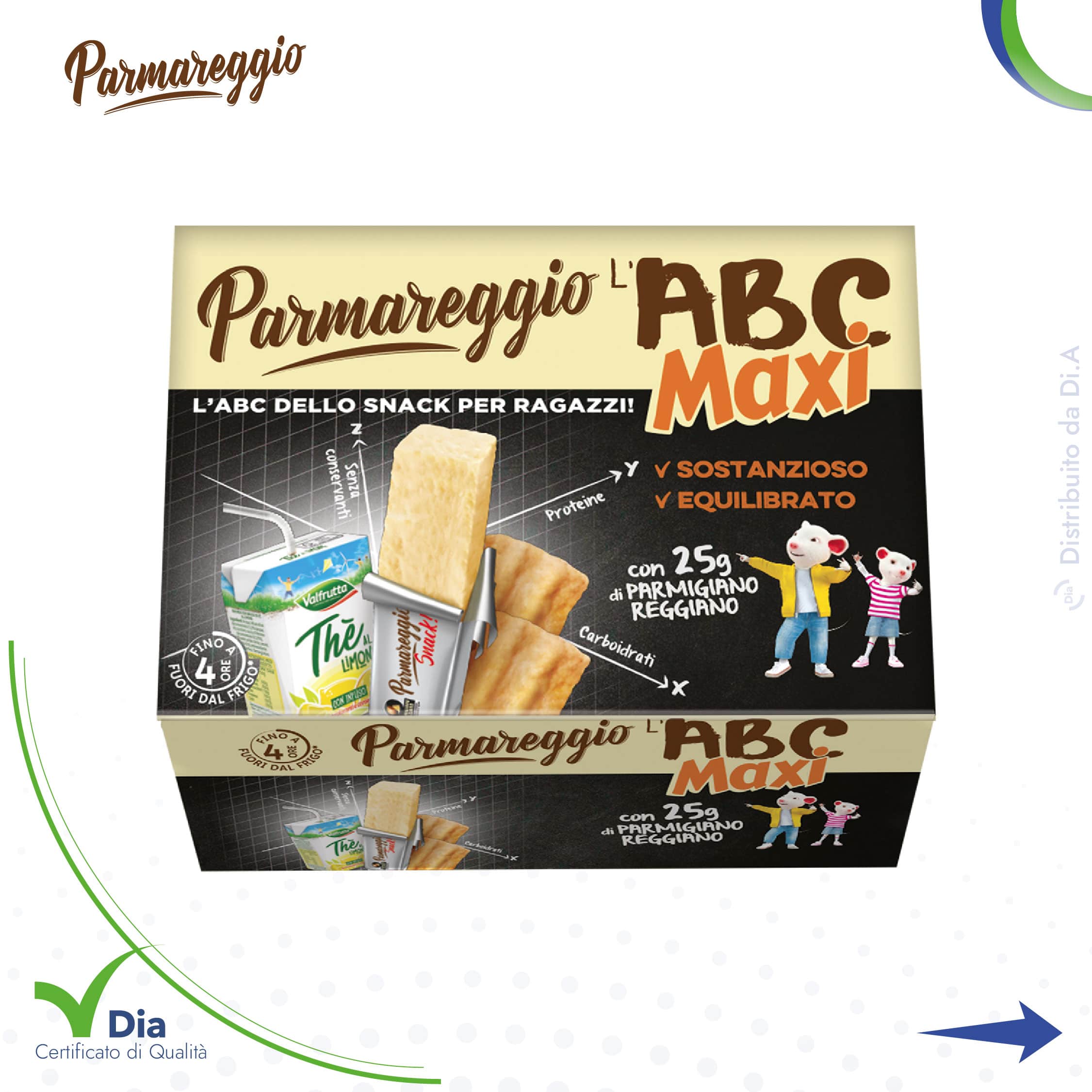 L'ABC Maxy per Ragazzi: questa merenda include il Parmareggio Snack da 25g, grissini saporiti e un rinfrescante the al limone. Perfetta per i gusti dei ragazzi alla ricerca di un'esperienza saporita