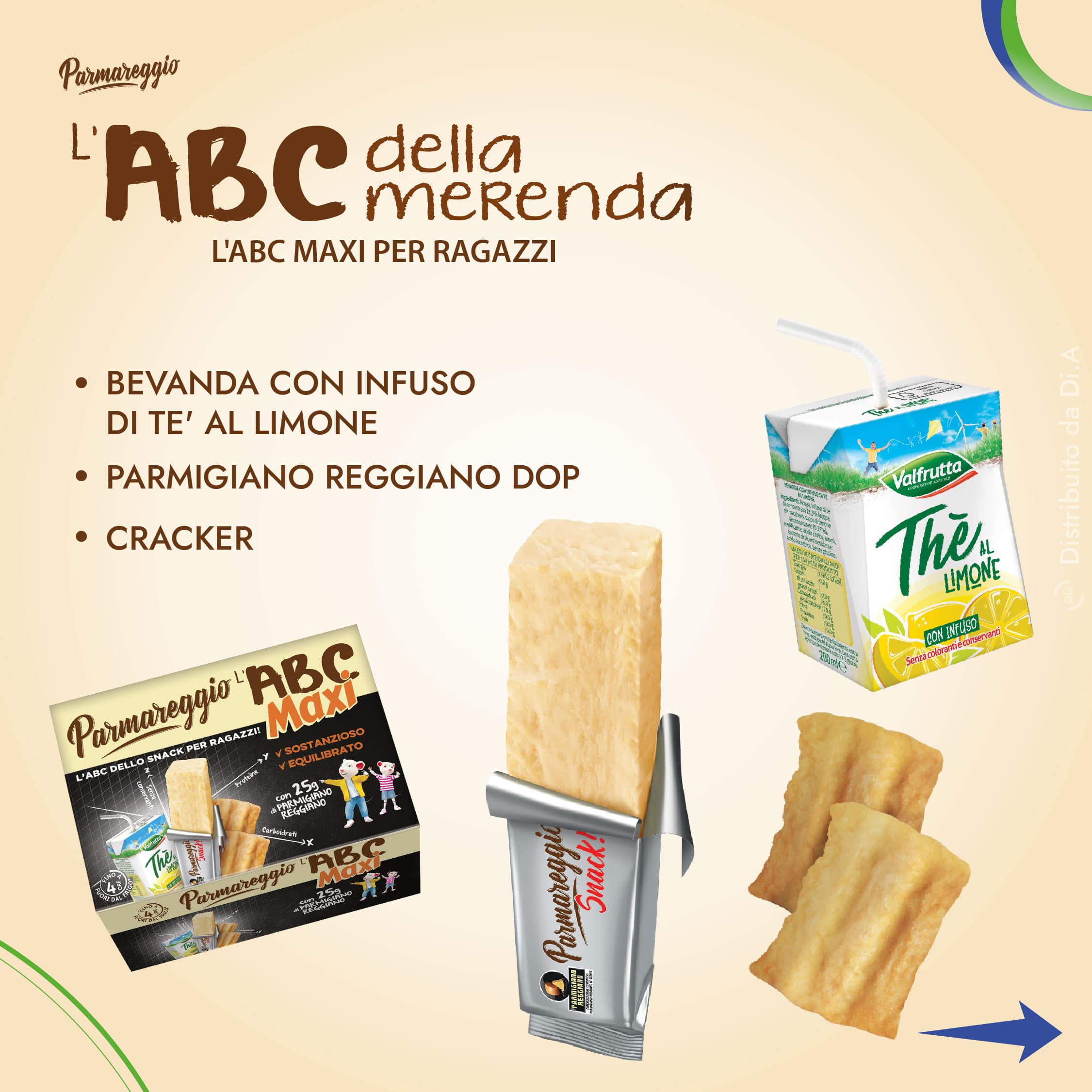 L'ABC Maxy per Ragazzi: questa merenda include il Parmareggio Snack da 25g, grissini saporiti e un rinfrescante the al limone. Perfetta per i gusti dei ragazzi alla ricerca di un'esperienza saporita