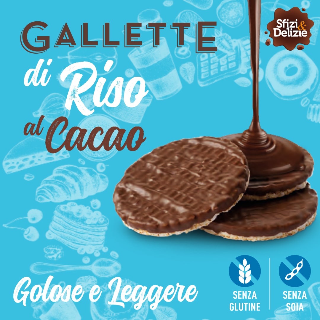 Gallette di riso al cacao di Sfizi e Delzie. Golose e leggere, senza glutine e senza soia. Distribuite da Dialivery di Dia Srl