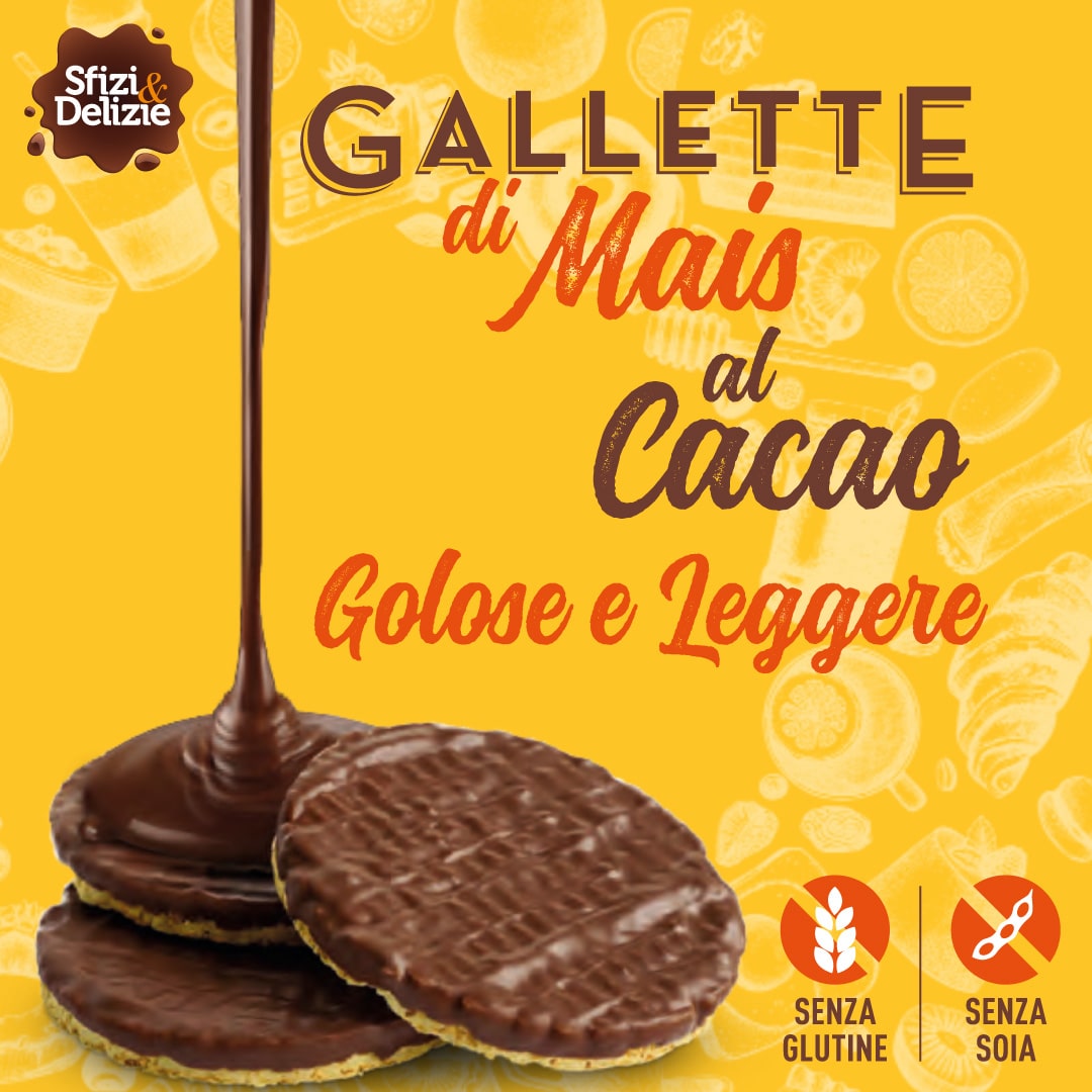 Gallette di mais al cacao di Sfizi e Delzie. Golose e leggere, senza glutine e senza soia. Distribuite da Dialivery di Dia Srl