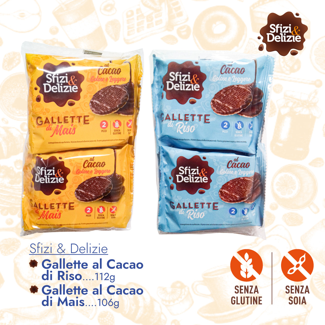 Gallette di riso o di mais al cacao di Sfizi e Delzie. Golose e leggere, senza glutine e senza soia. Distribuite da Dialivery di Dia Srl