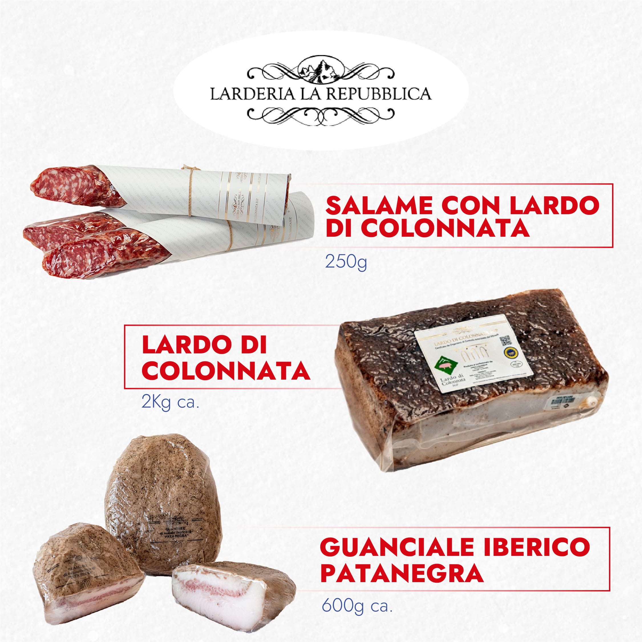 Salame con lardo di colonnata, lardo di colonnata e guanciale iberico patanegra Larderia la Repubblica