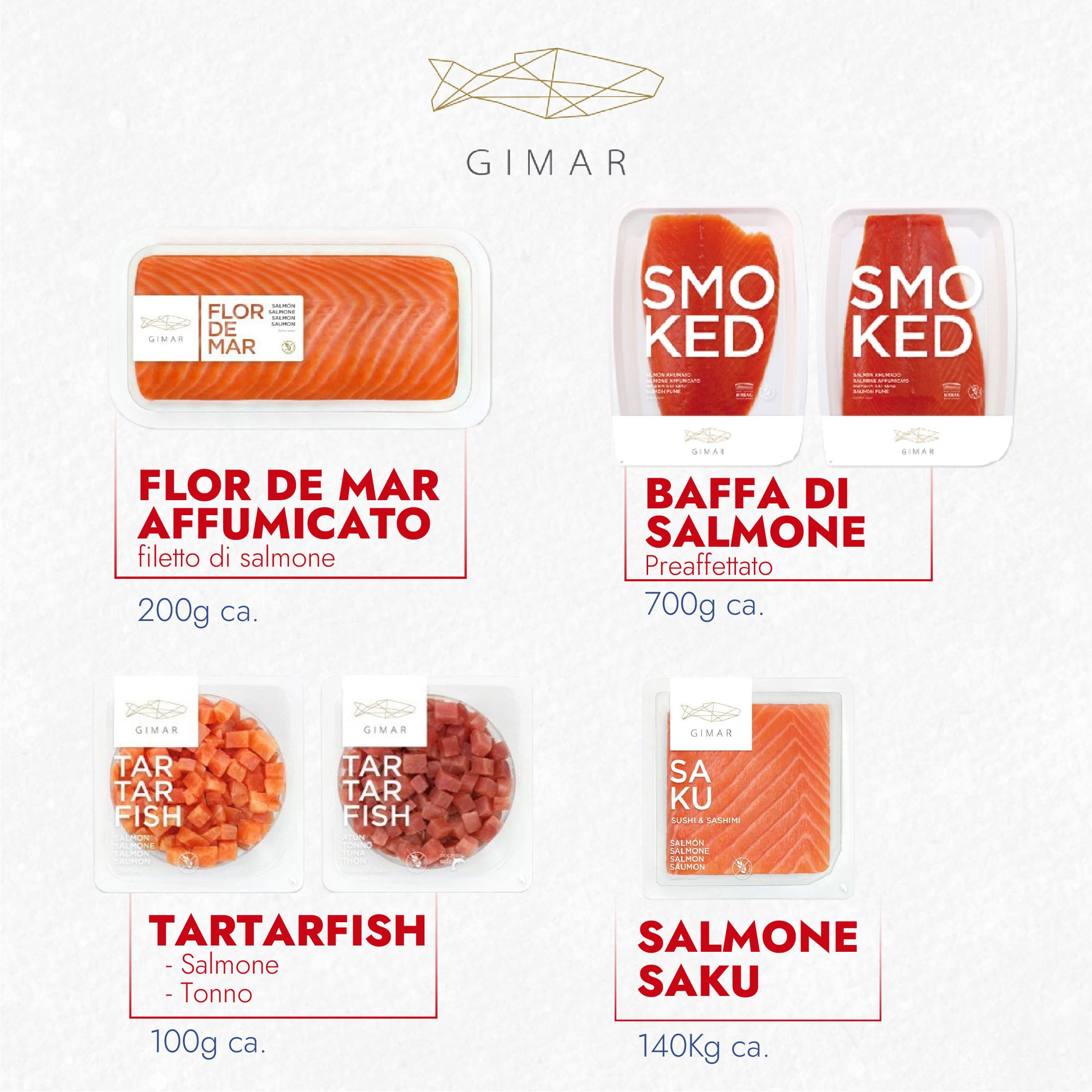 Natale con Dia 2023 presenta Gimar Flor de mar affumicato filetto di salmone, Baffa di salmone preaffettato, tartarfish di salmone o tonno, salmone saku