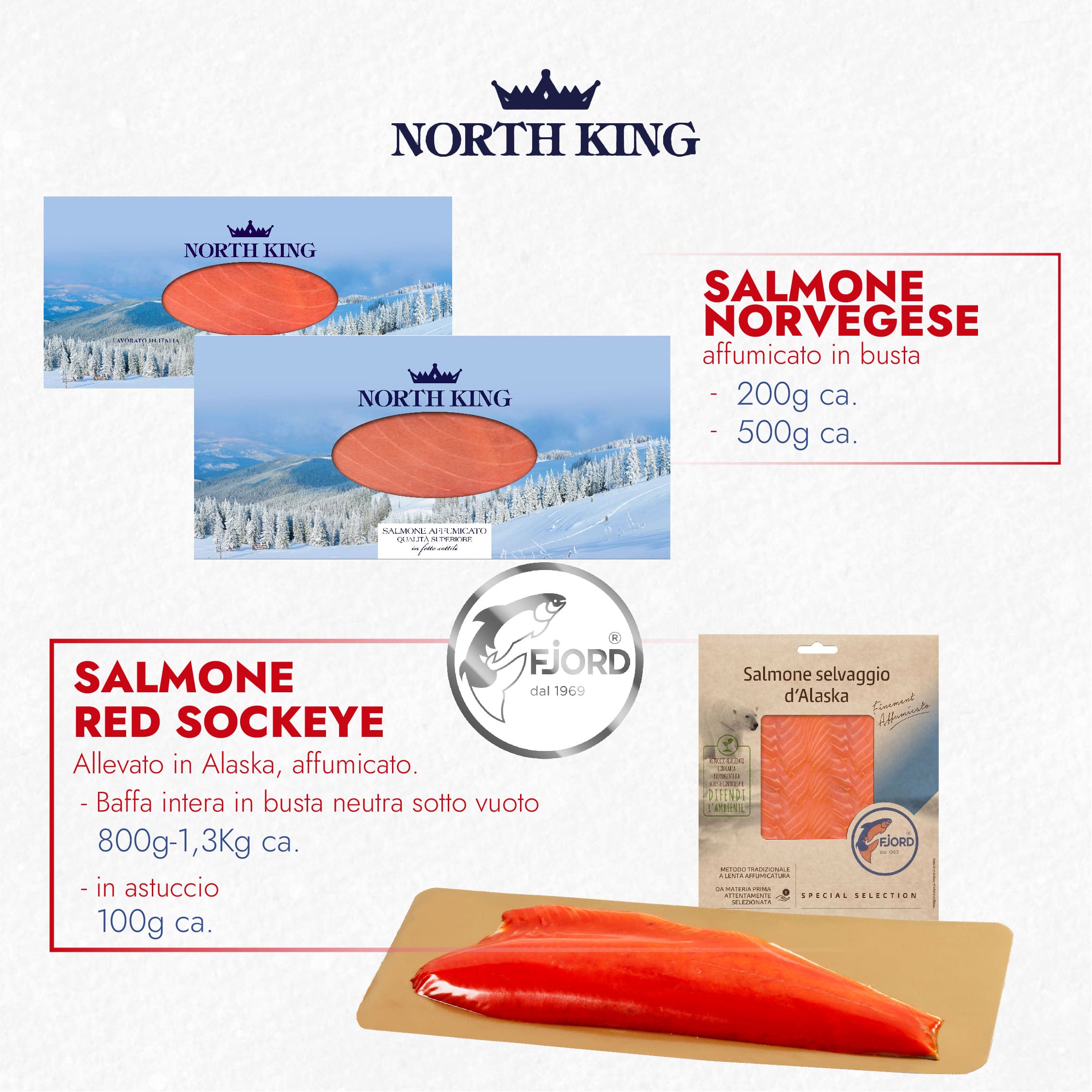 Natale con Dia 2023 presenta North King salmone norvegese affumicato in busta e salmone red sockeye allevato in alaska, affumicato