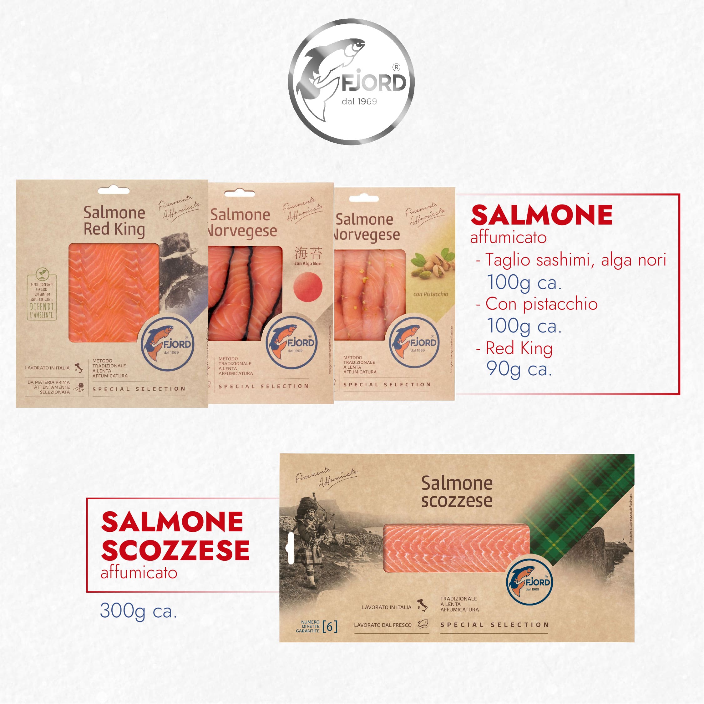 Natale con Dia 2023 presenta Fjord salmone affumicato taglio sashimi con alga nori, pistacchio, red king e salmone scozzese affumicato