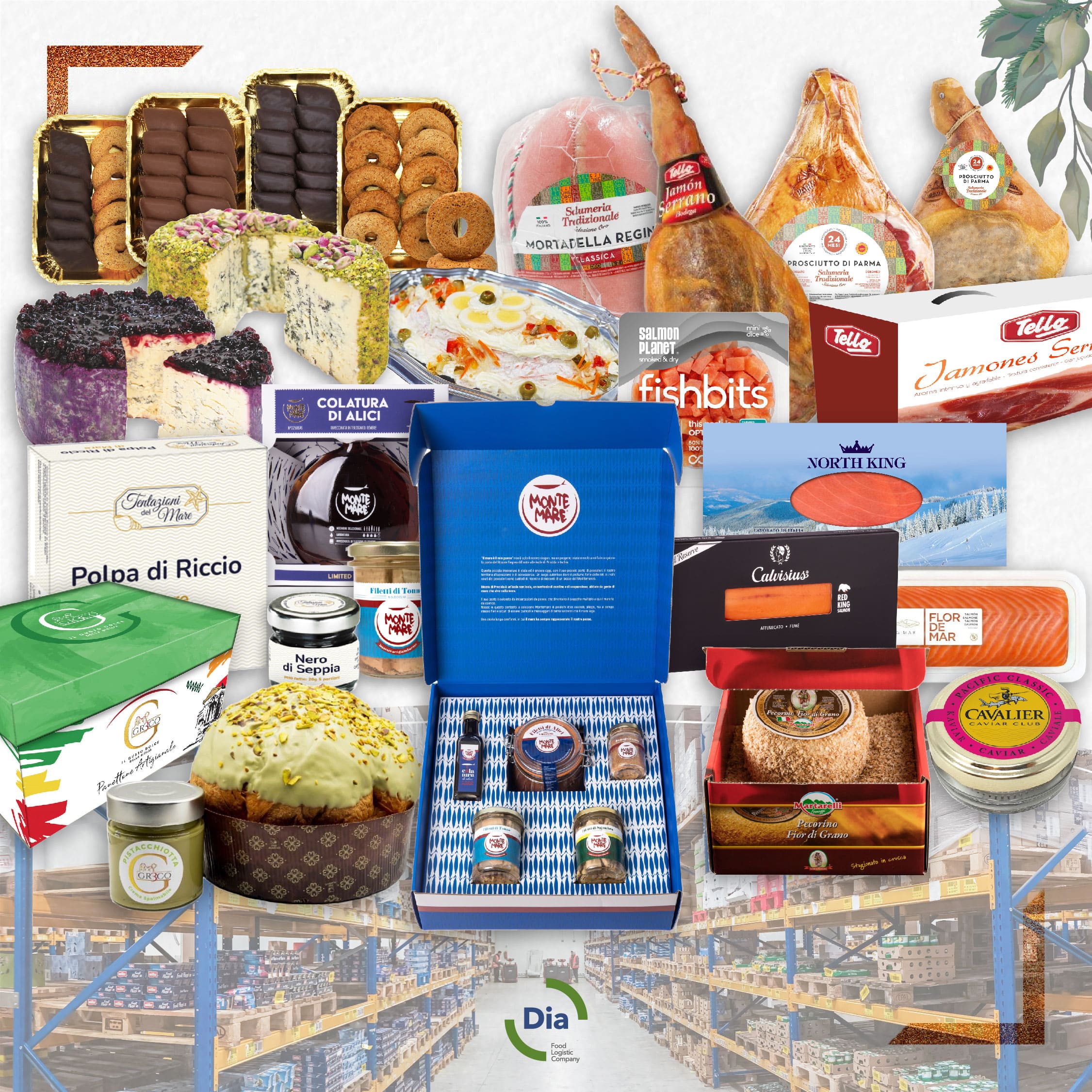 Biscotti ricoperti di cioccolato, Mortadella Regina, Jamòn Serrano, Prosciutto di Parma, Insalata russa con mazzancolle, Formaggio pecorino, Salmone, Colatura di Alici, Tonno e box regalo. Scoprite tutti i prodotti di Natale con Dia 2023