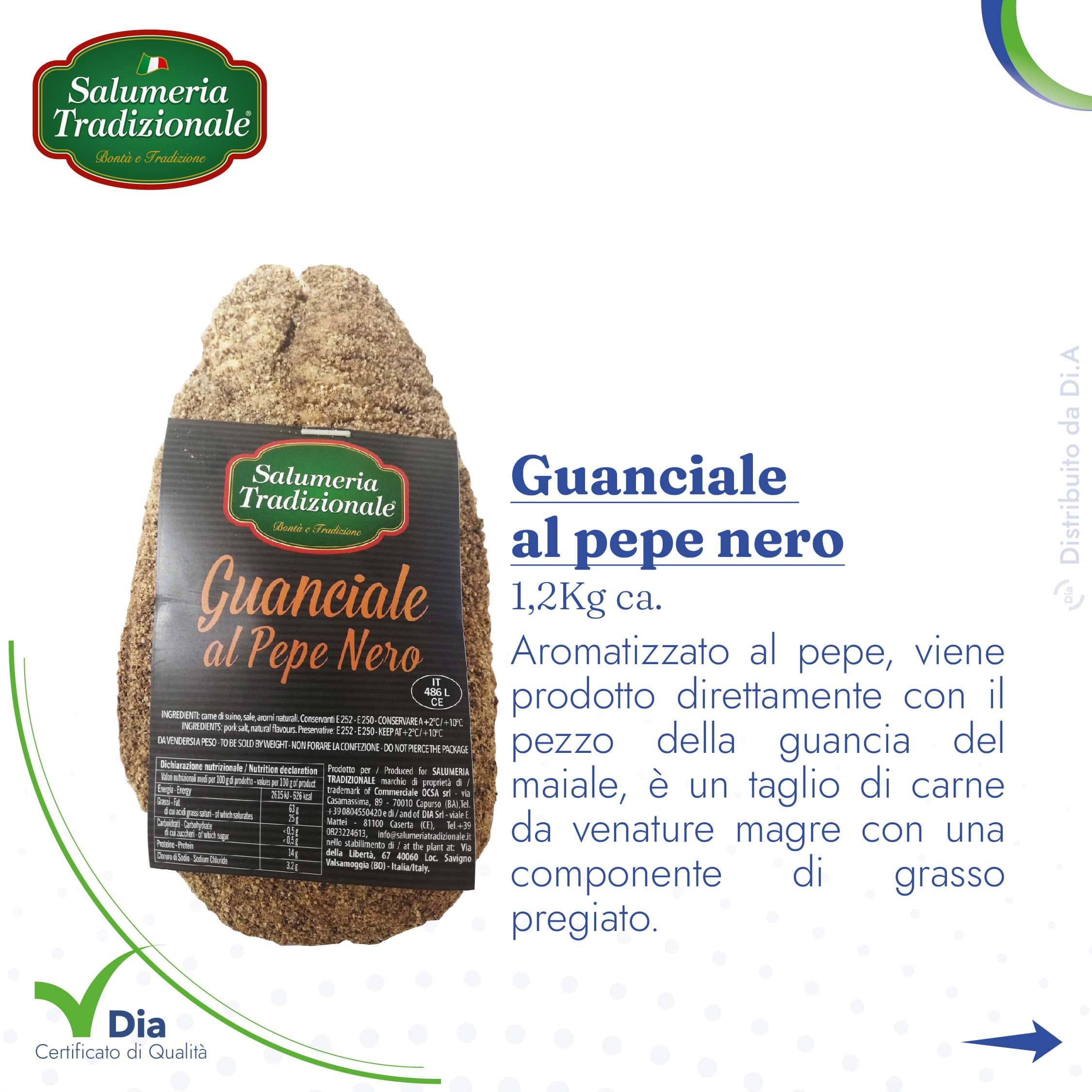 Guanciale al pepe nero 1,2Kg Taglio di carne da venature magre. Salumeria Tradizionale Dialivery di Dia Srl.