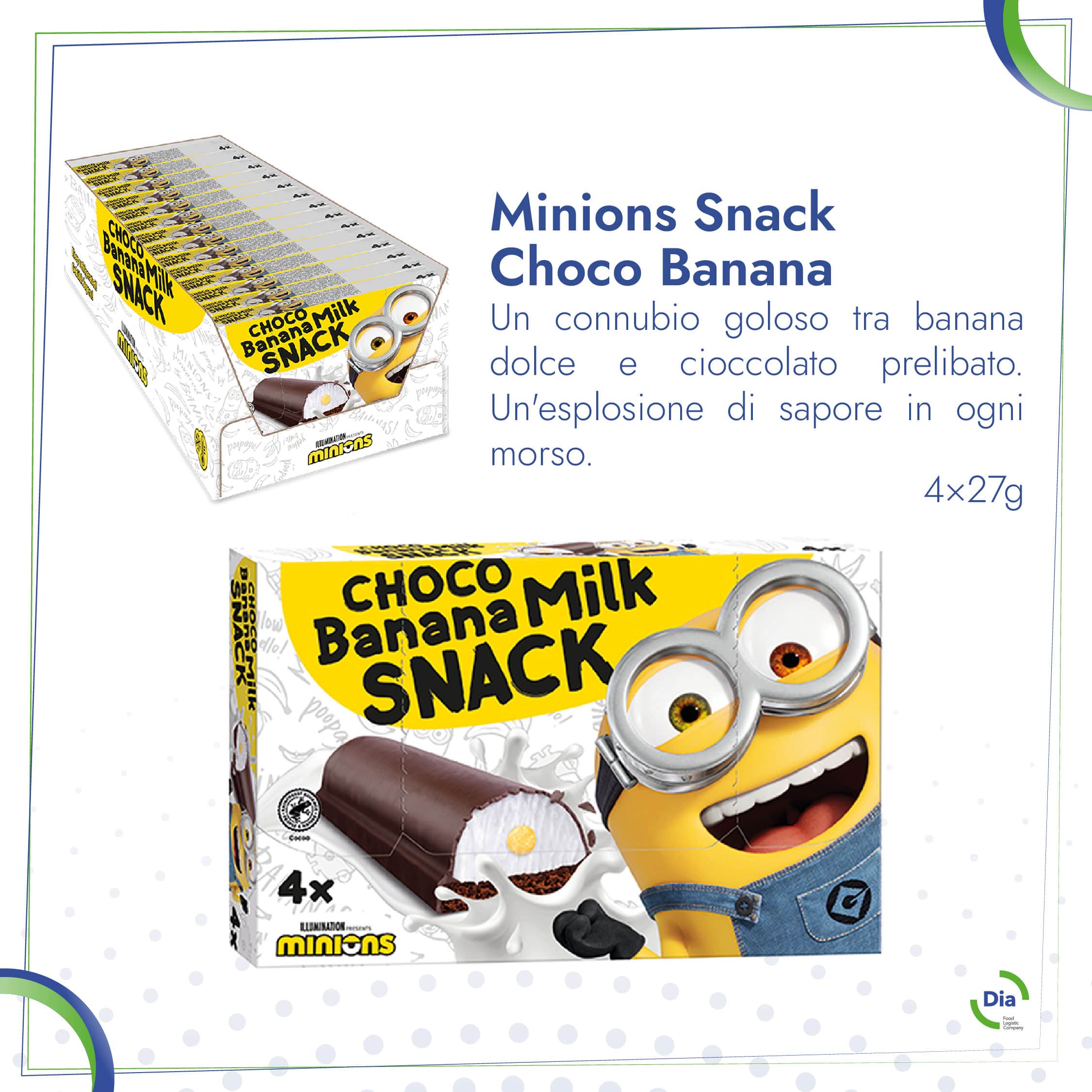 Minions Snack Choco Banana Un connubio goloso tra banana dolce e cioccolato prelibato. Un'esplosione di sapore in ogni morso.