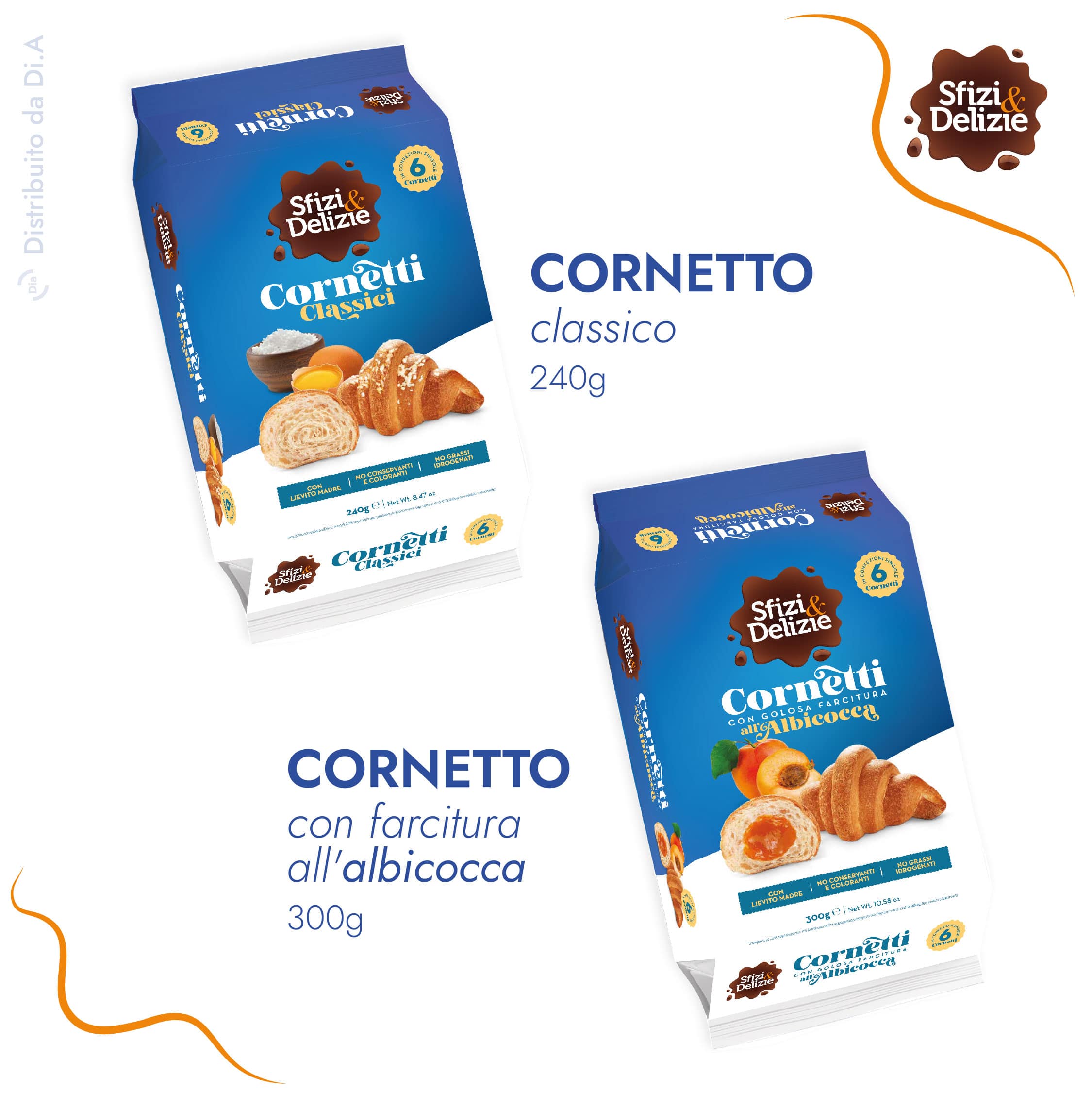 Cornetti croissant classico e con farcitura all'albicocca - Sfizi & Delizie distribuito da Dia Srl