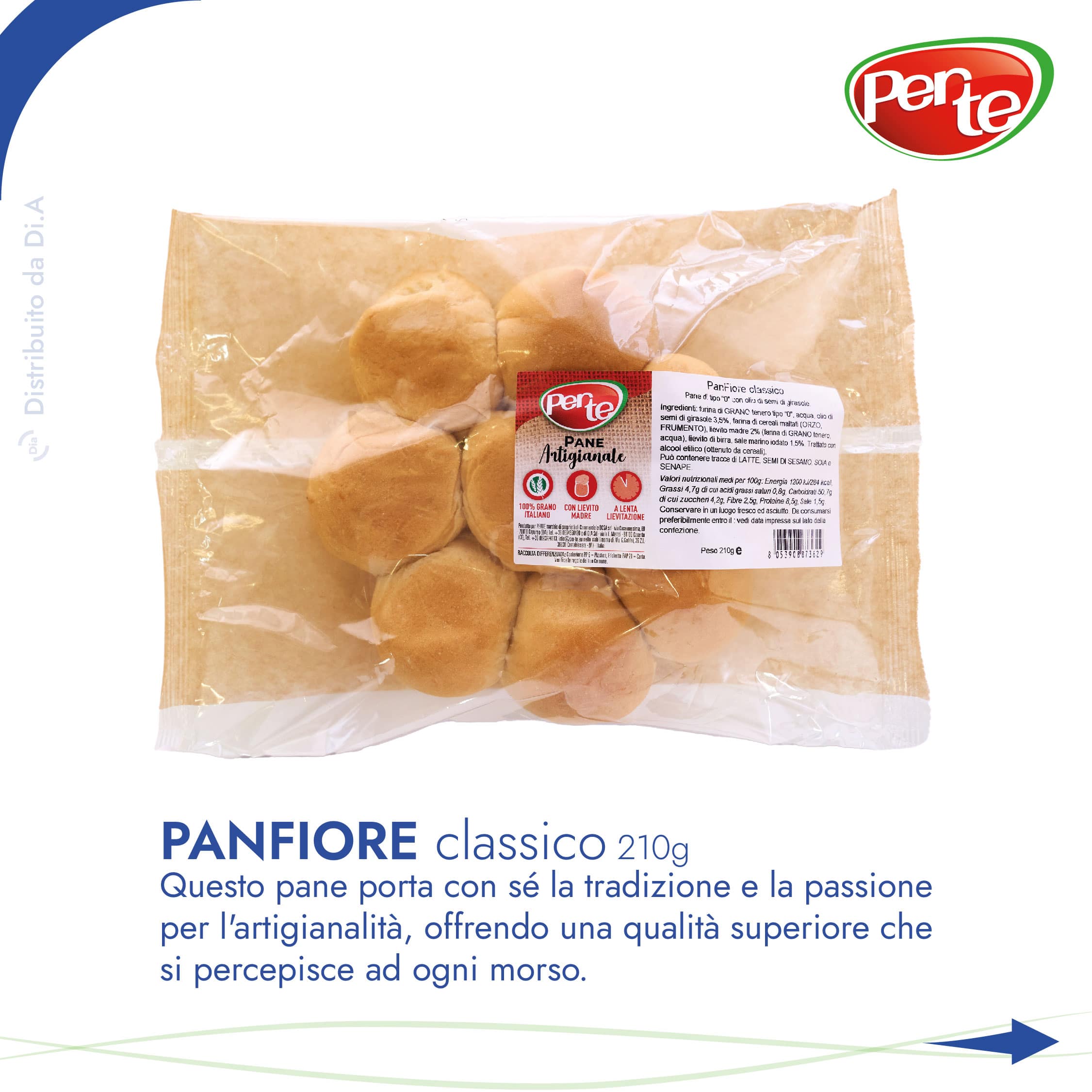 Panfiore Classico 210g: Questo pane porta con se la tradizione e la passione per l'artigianalita, offrendo una qualita superiore che si percepisce ad ogni morso.