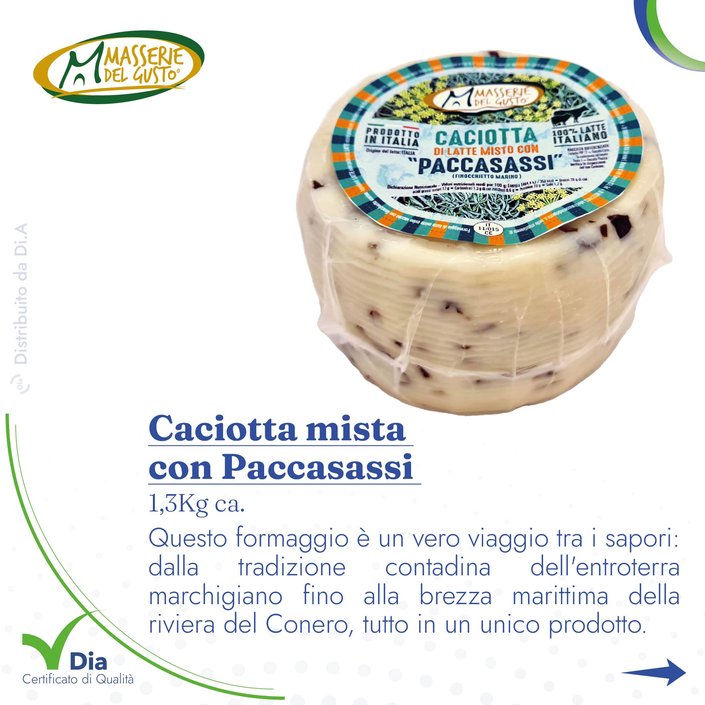 Caciotta mista  con Paccasassi  1,3Kg ca. Questo formaggio è un vero viaggio tra i sapori: dalla tradizione contadina dell'entroterra marchigiano fino alla brezza marittima della riviera del Conero, tutto in un unico prodotto.
