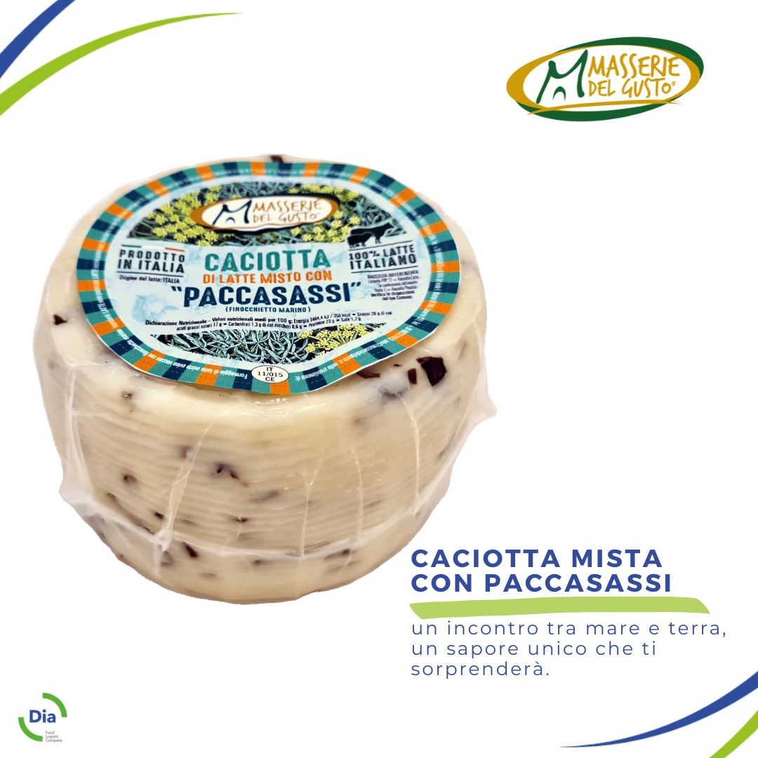 Caciotta mista con paccasassi Masserie del gusto - Distribuito da Dia Srl